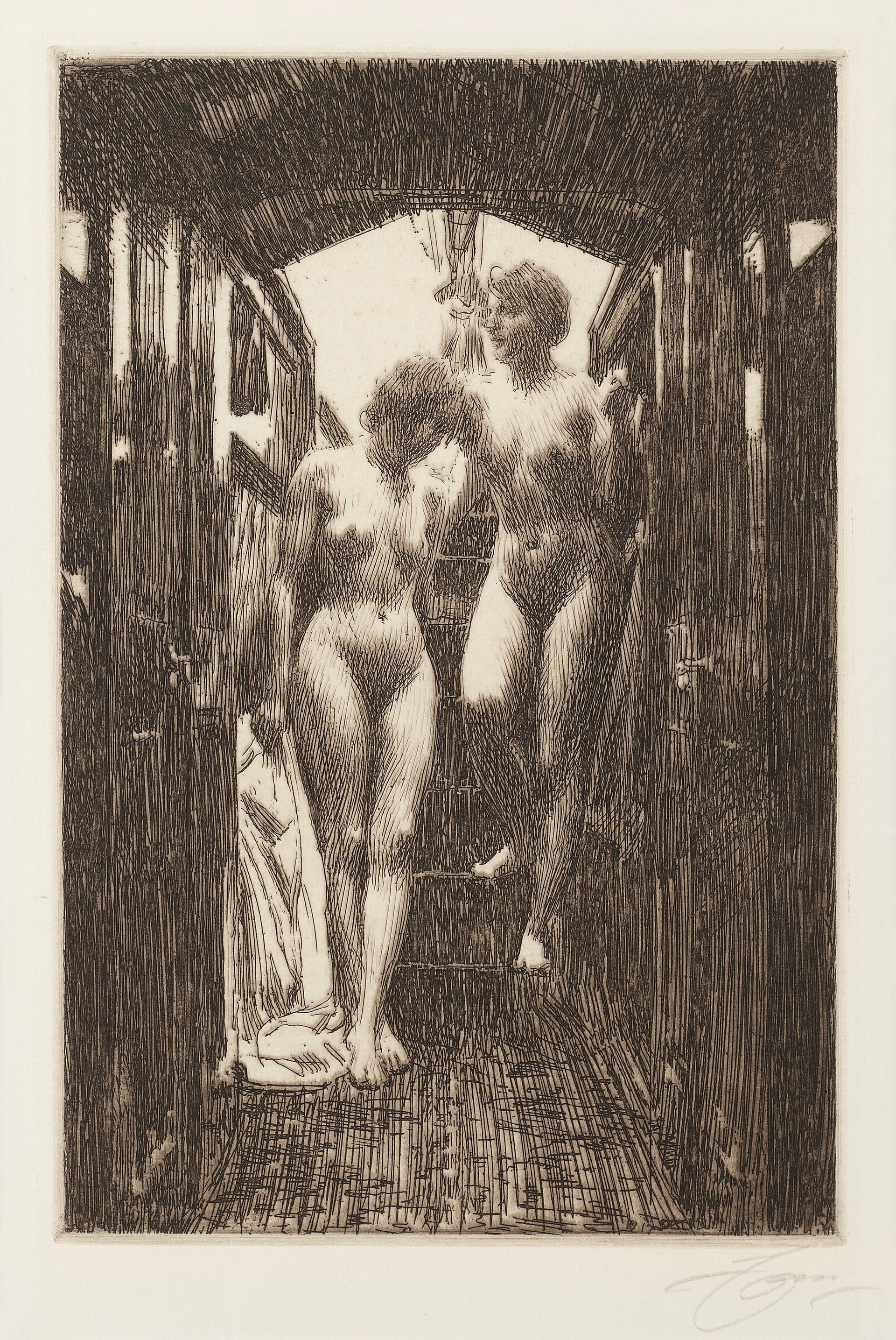 裸体艺术表现主题 - 未知名作品 - 描绘双裸女于室内场景 