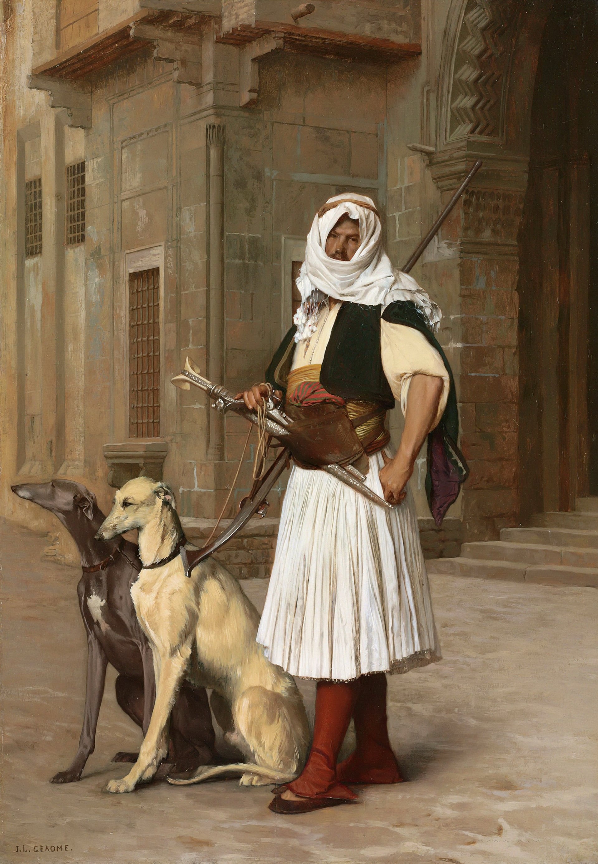 东方风情展现主题 - 未知名画作 - 身着传统服饰人与猎犬 