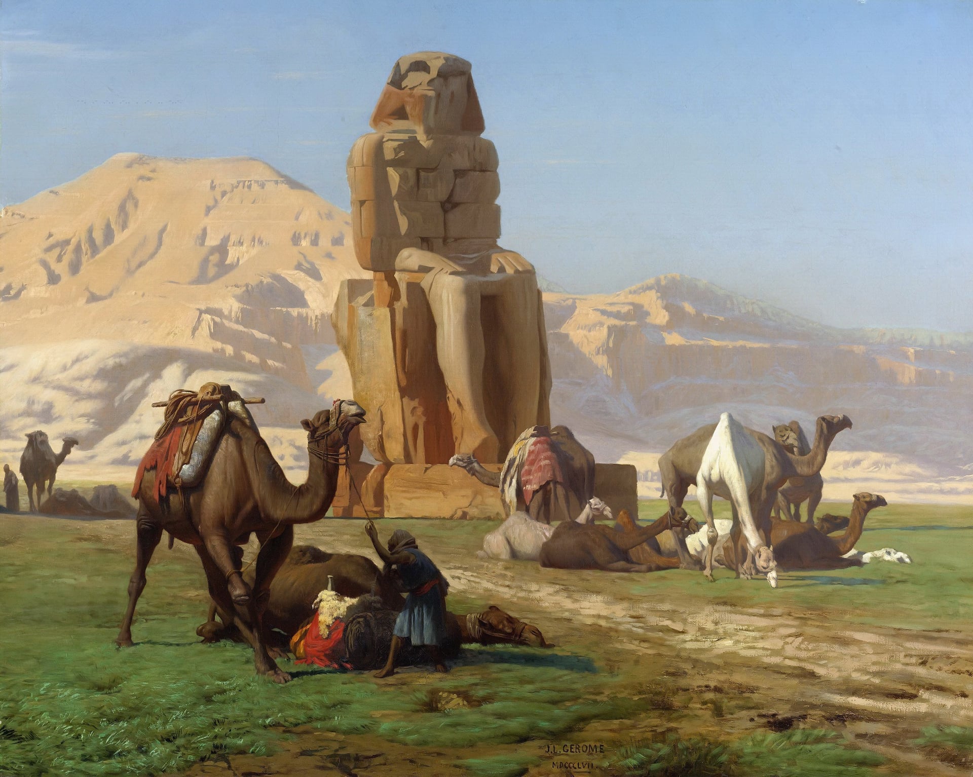 历史场景再现主题 - 未知名埃及主题画作 - 展现埃及巨像与骆驼场景 