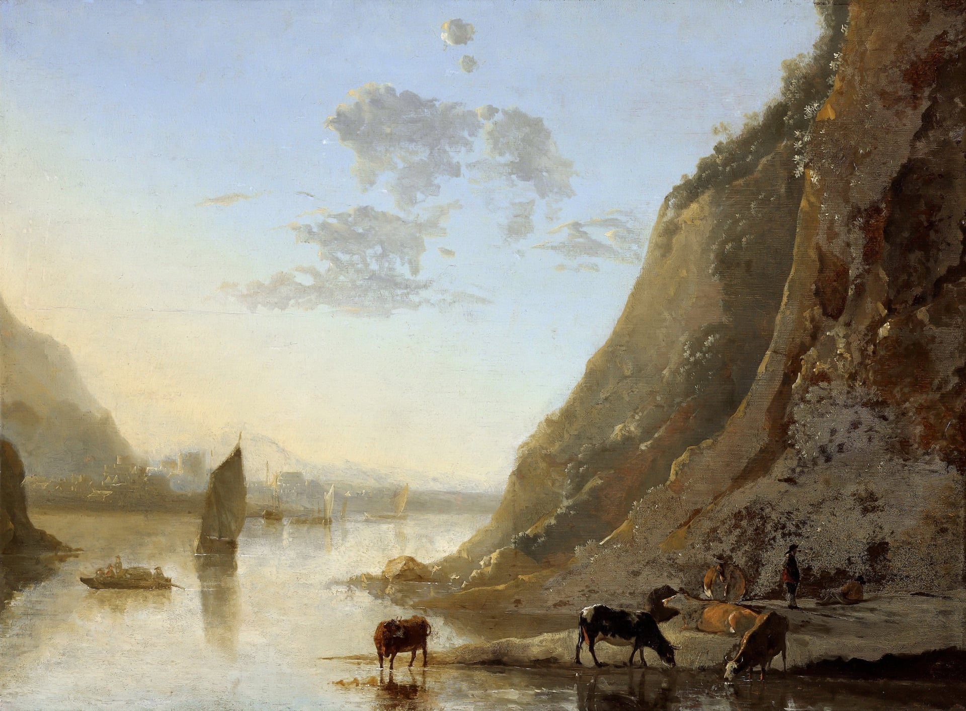 其他 - 河边风景 - 河畔牛群伴舟行美景 