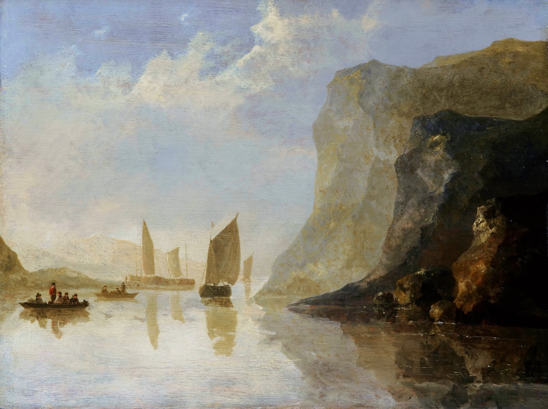海洋主题 - 未知海洋风景画作 - 展现海面帆船与山景 