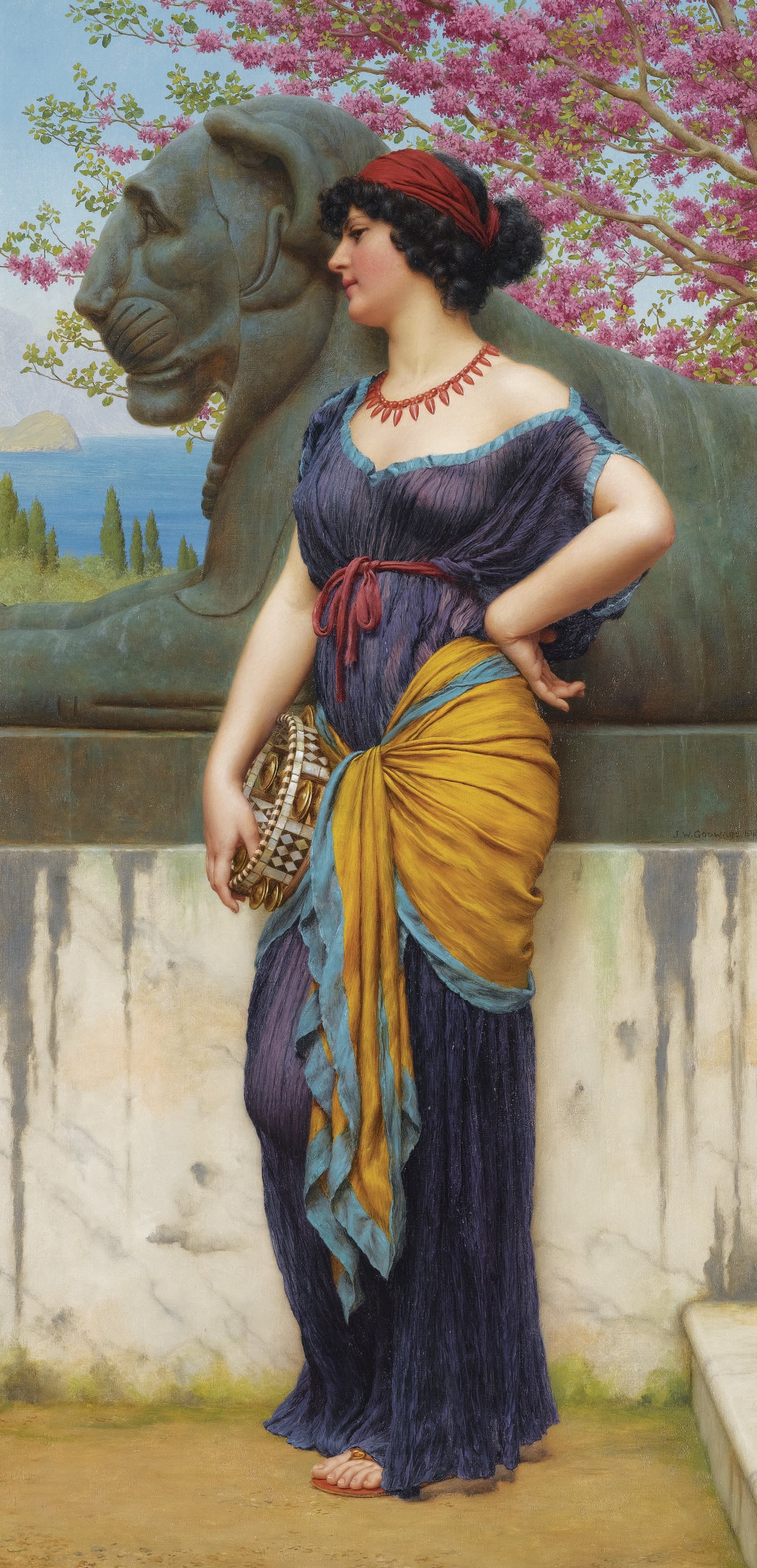 人物主题 - 未知名画作 - 持鼓女子与狮身雕像 