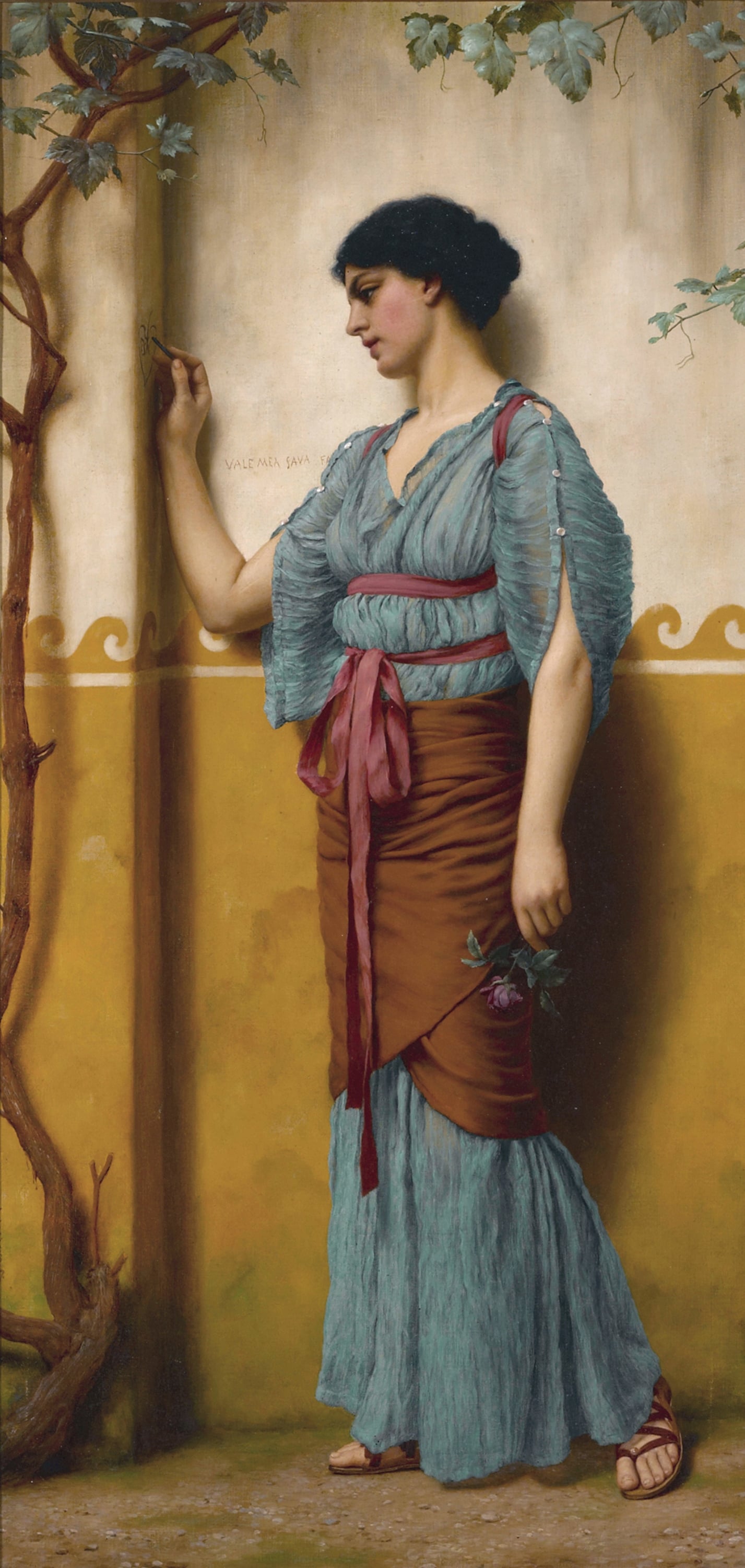 人物主题 - 未知名女性画作 - 古典装扮女子墙边静立 