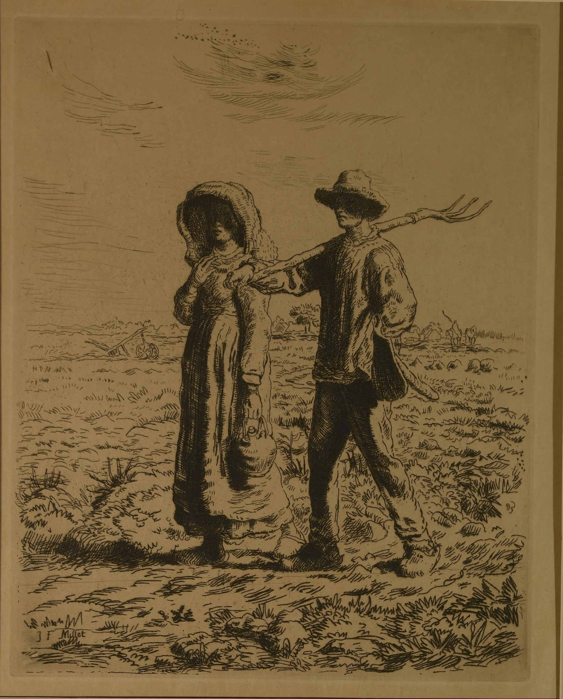 田园生活风情主题 - 未知名田园画作 - 男女漫步于田野间 