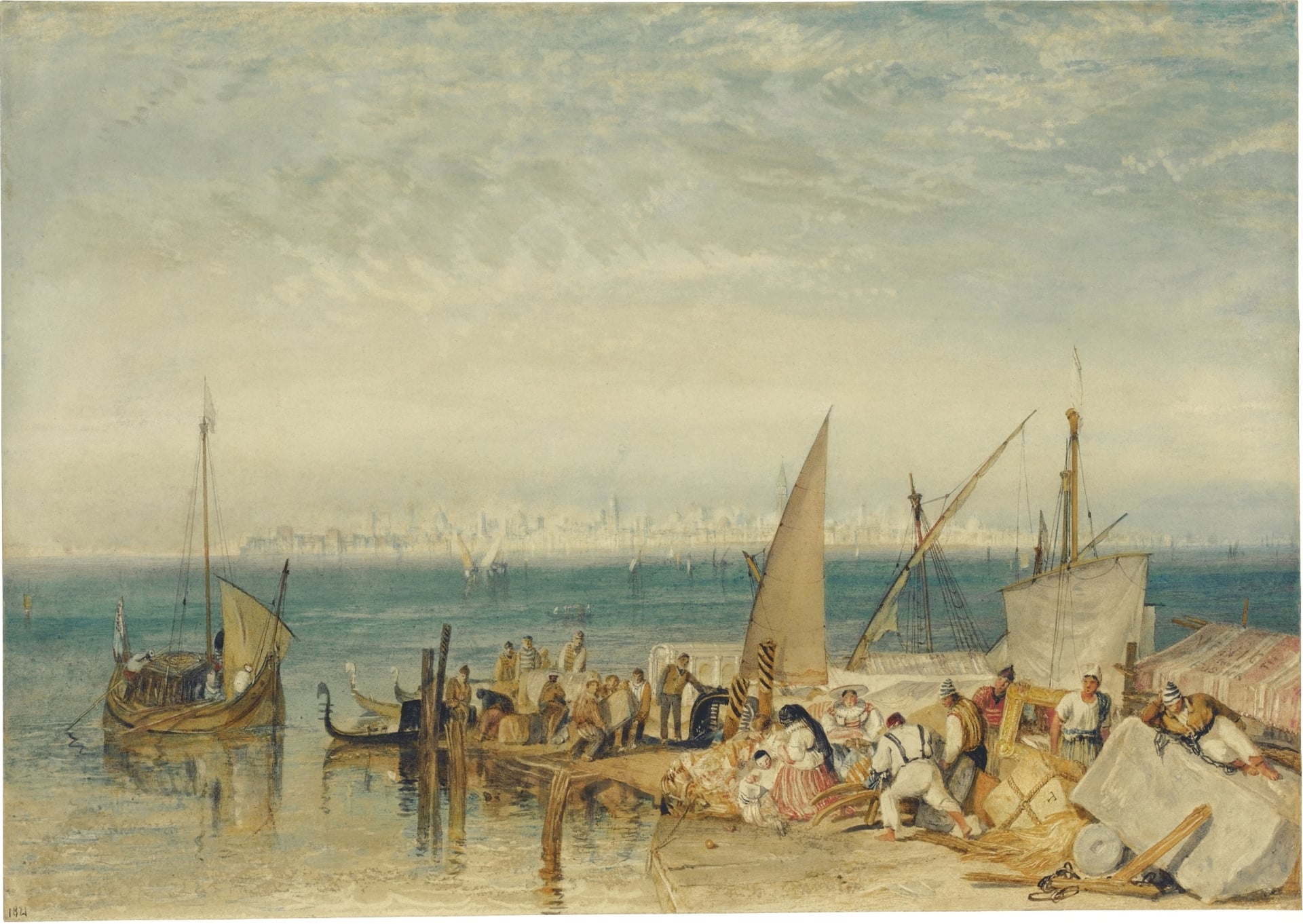 其他 - 未知名海上场景画作 - 海边码头人物船只景象 