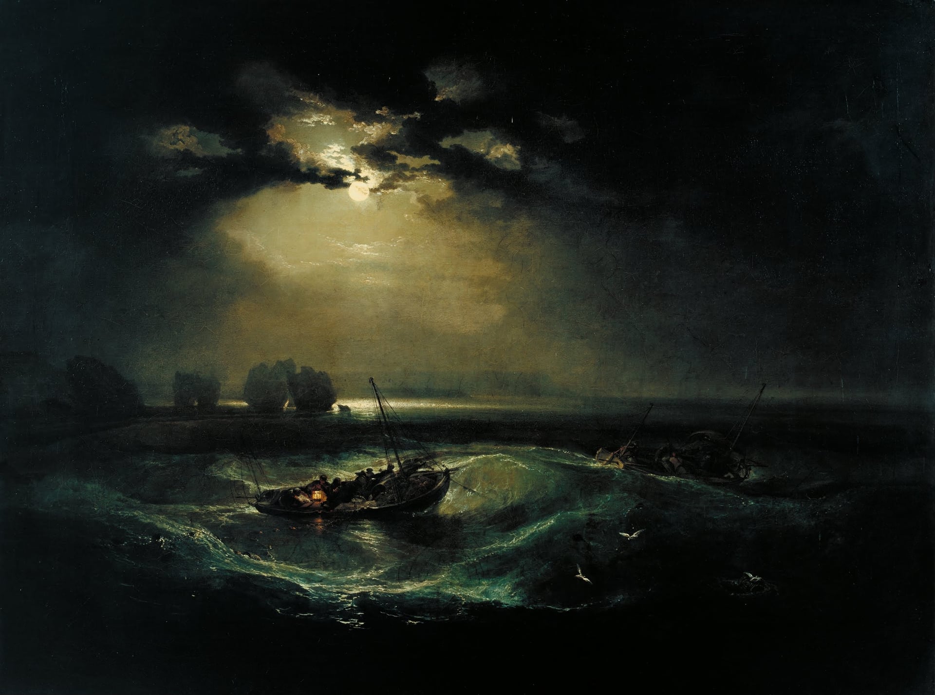 海洋风暴场景主题 - 月夜下的海上行舟 - 月夜海风暴中船只飘摇 