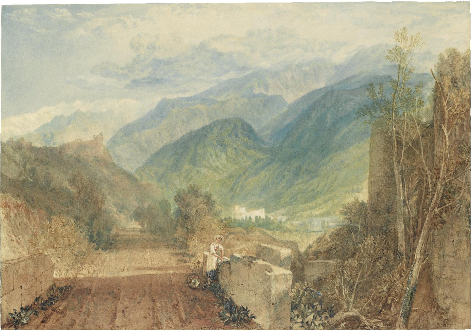 诗意氛围营造主题 - 未知名山水画作 - 山峦间女子静赏风景 
