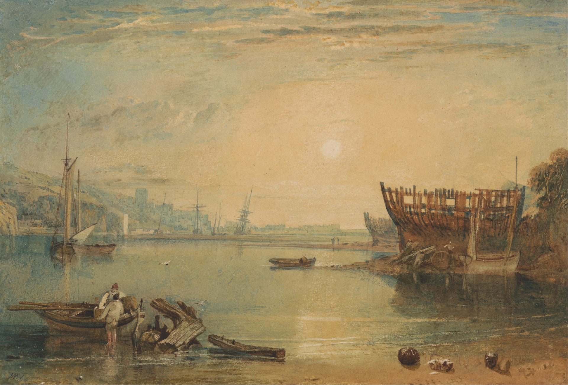 其他 - 未知名海景画作 - 展现宁静海边造船场景 