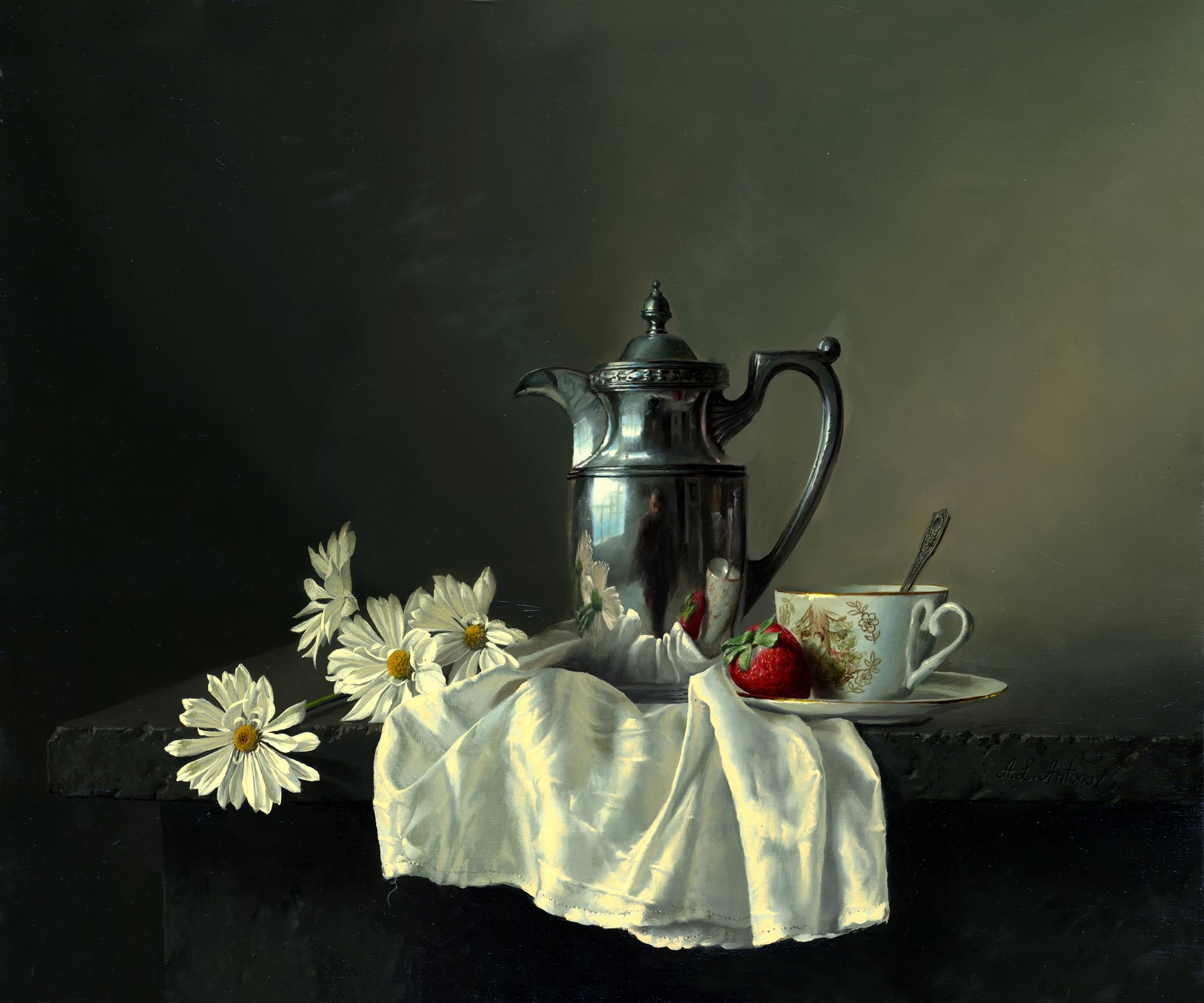 其他 - 静物画 - 银壶雏菊草莓的组合 