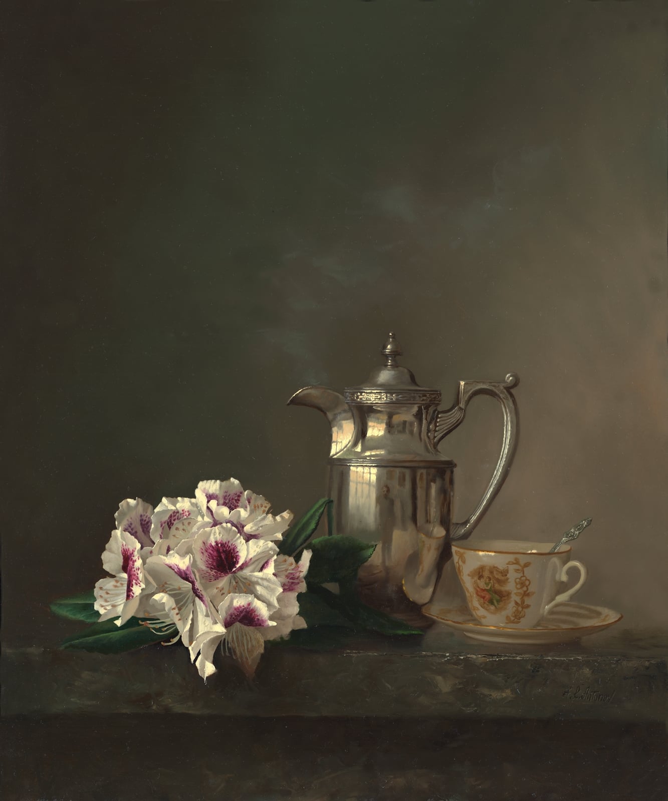 其他 - 静物画作 - 银壶鲜花杯碟的组合 