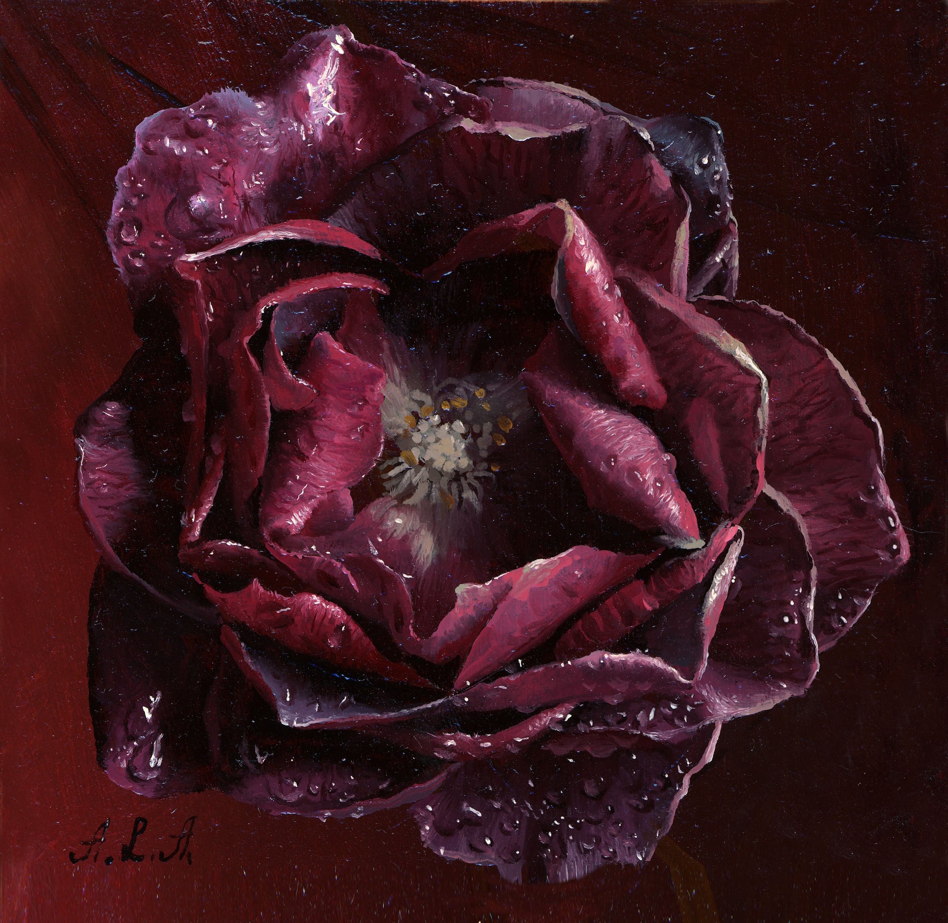 其他 - 紫花油画 - 描绘带水珠的紫花朵 