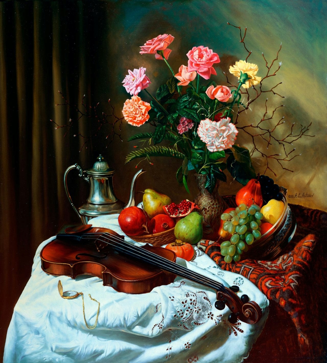 其他 - 静物花卉小提琴画作 - 花卉水果与小提琴组合 