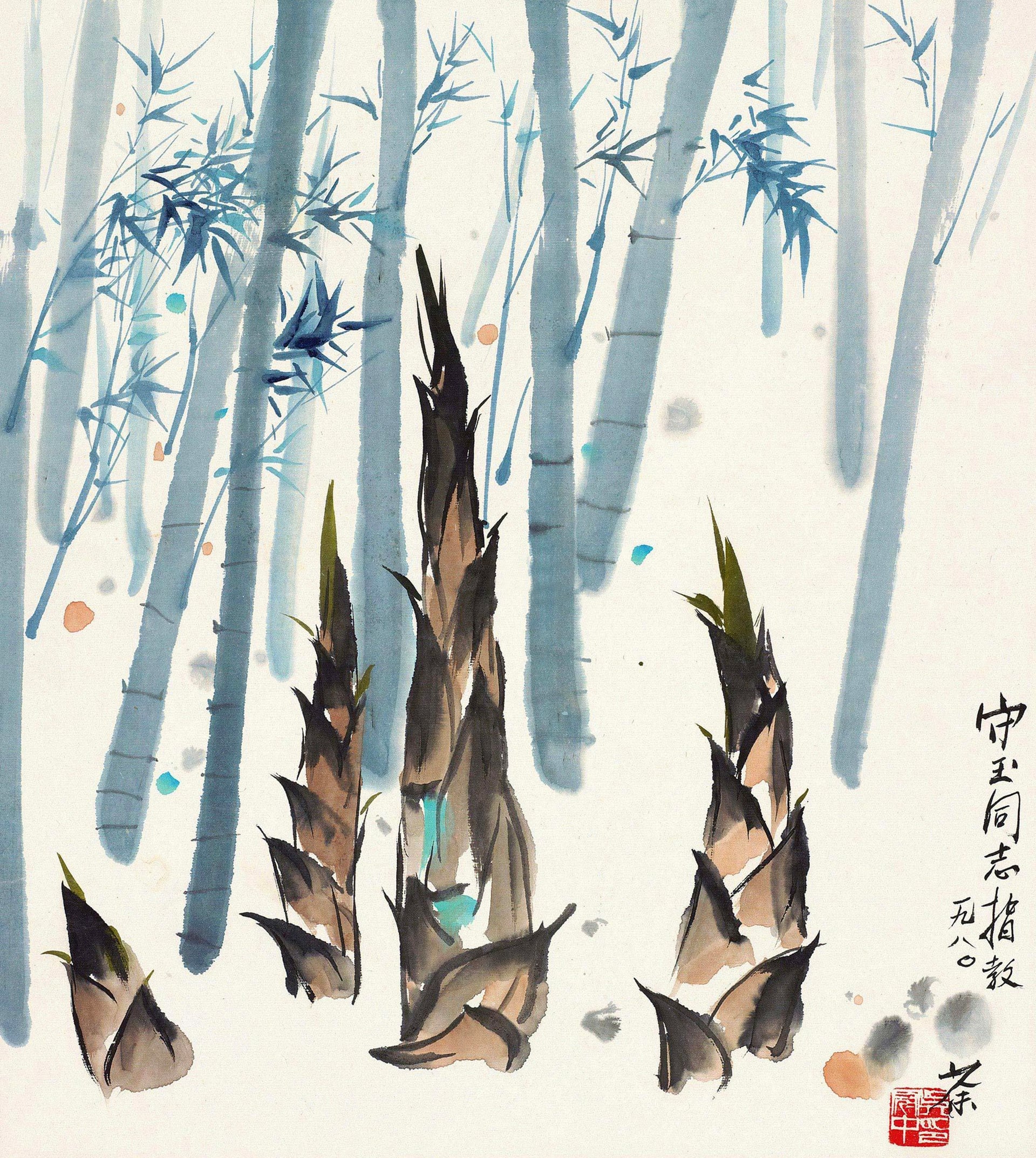 自然风景神韵主题 - 竹林春笋图 - 水墨绘竹林春笋景致 