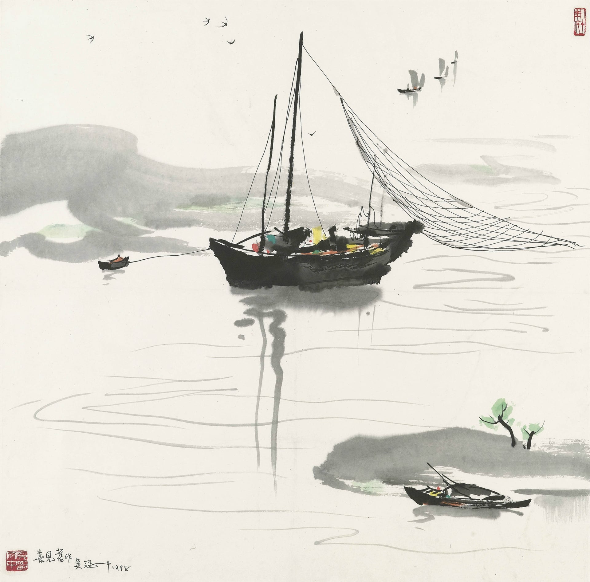 江南水乡景致主题 - 无题 - 水墨绘就水乡渔船图景 