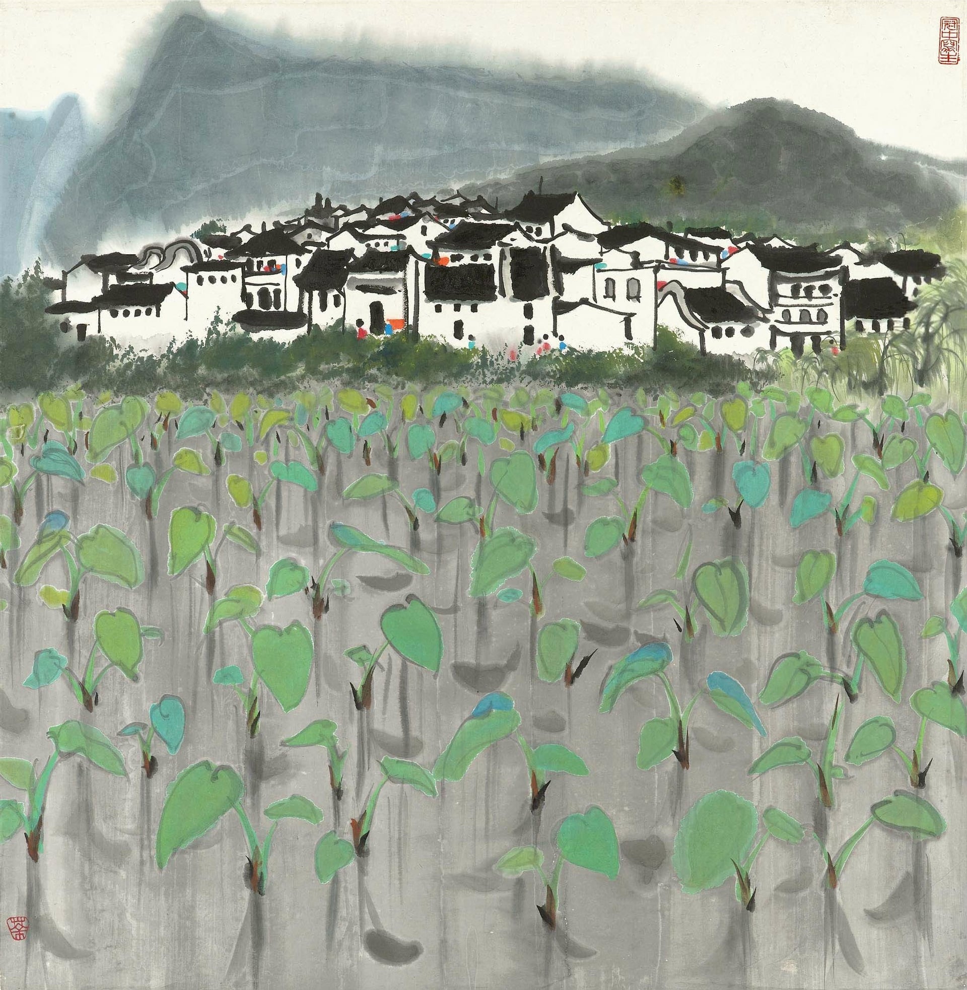 江南水乡景致主题 - 水乡村落荷塘之景 - 绘水乡村落与荷塘风光 