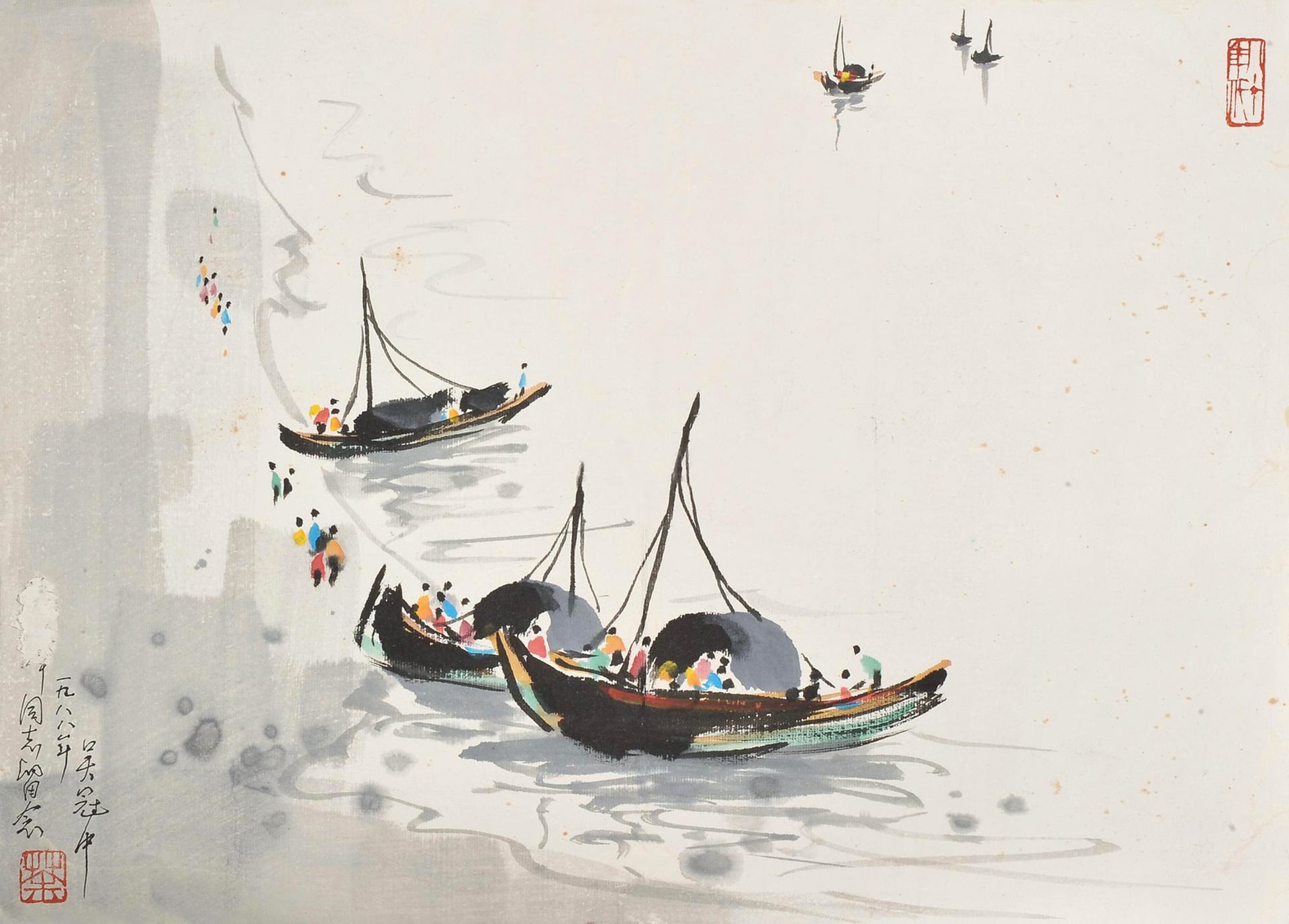 江南水乡景致主题 - 未知名画作 - 展现水乡船只与人景象 