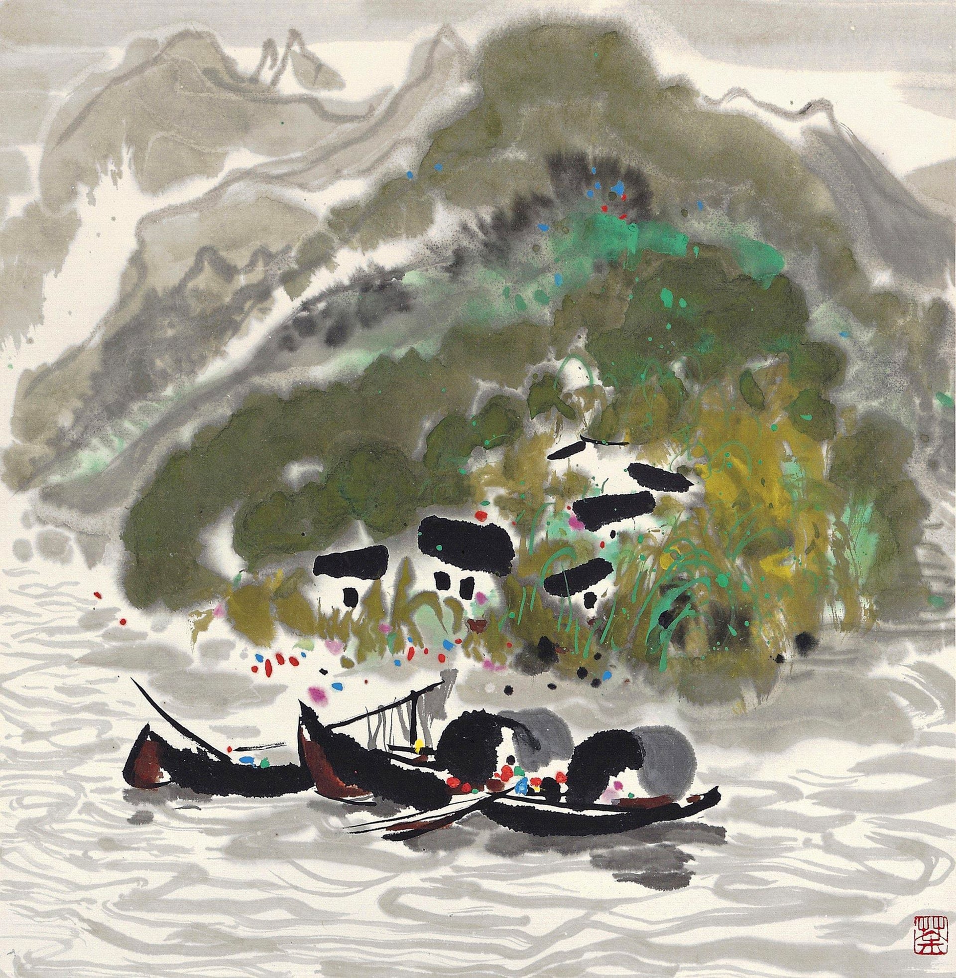 江南水乡景致主题 - 无题 - 水乡山水间小船静泊 