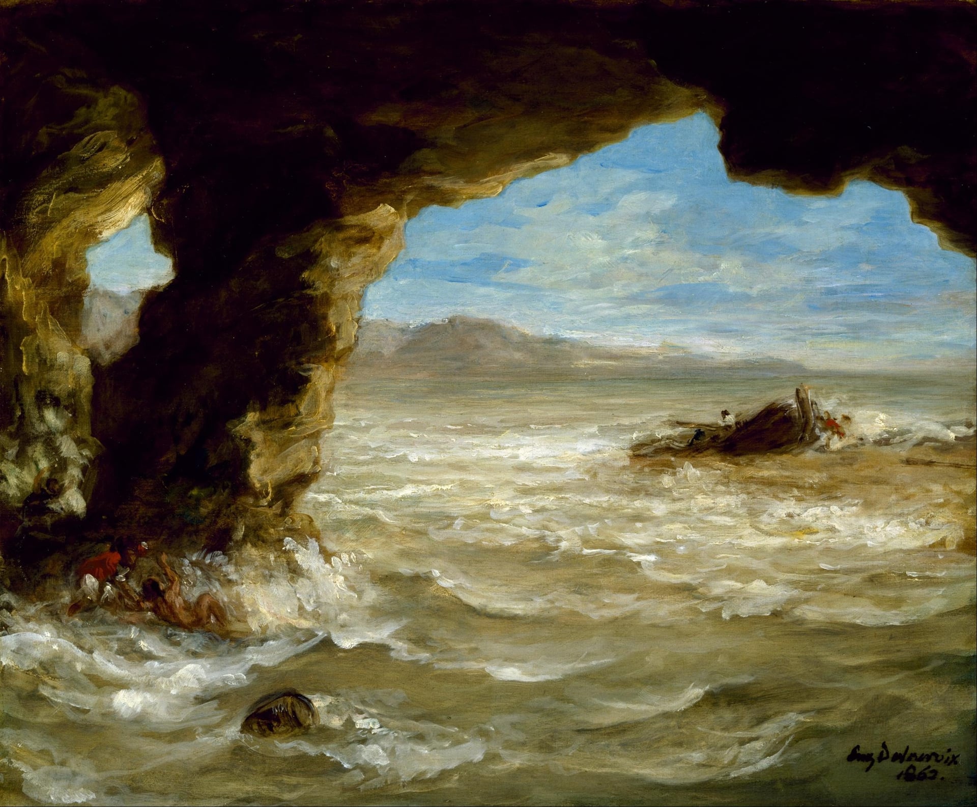 其他 - 未命名海景画作 - 洞穴外海浪与船只景象 