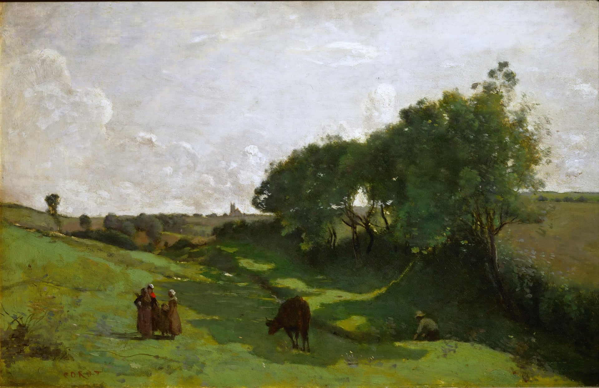 田园诗意风景主题 - 未知名田园风景油画 - 乡村绿野间人物与牛共景 