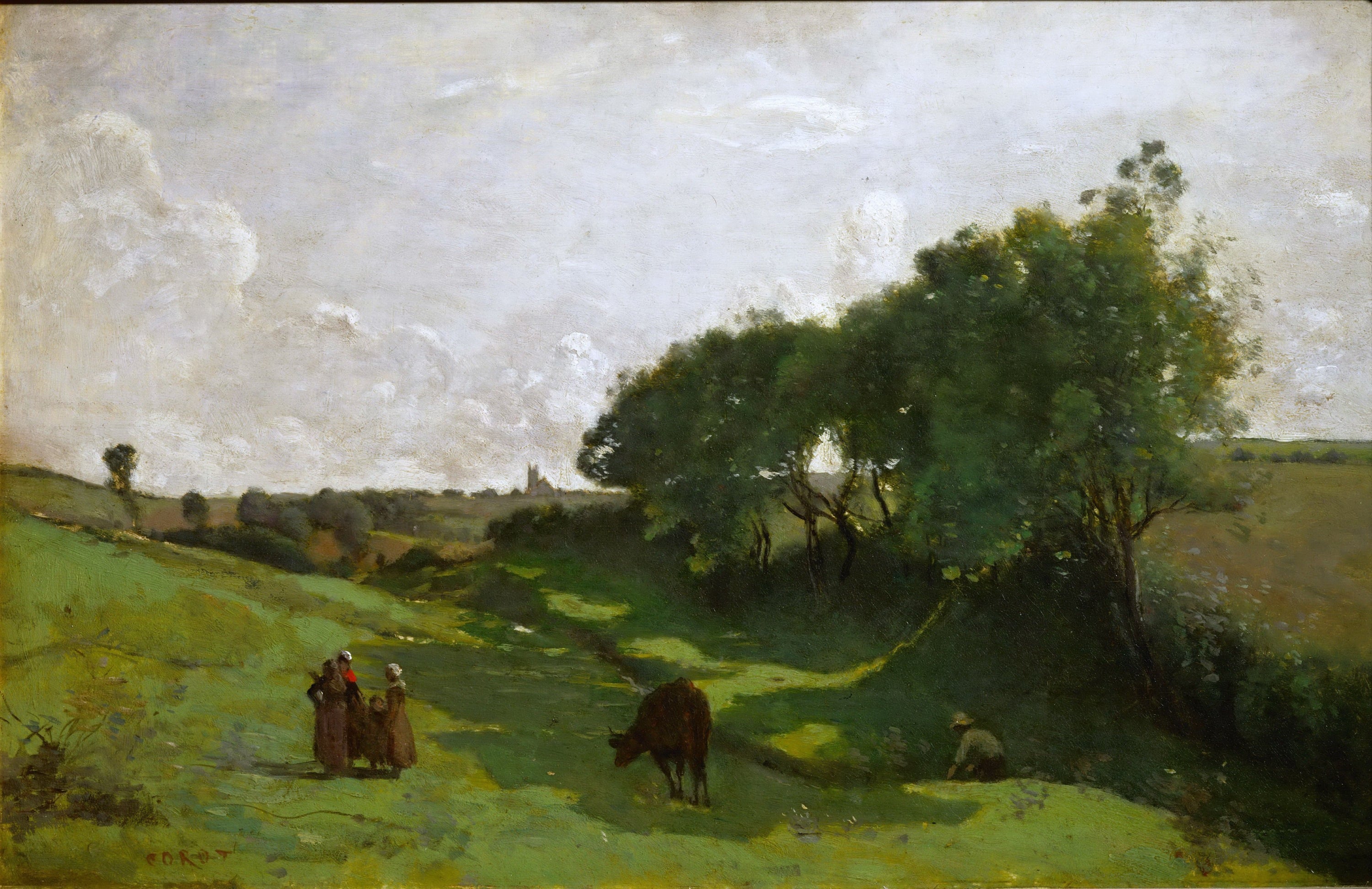 田园诗意风景主题 - 未知名田园风景油画 - 乡村绿野间人物与牛共景 