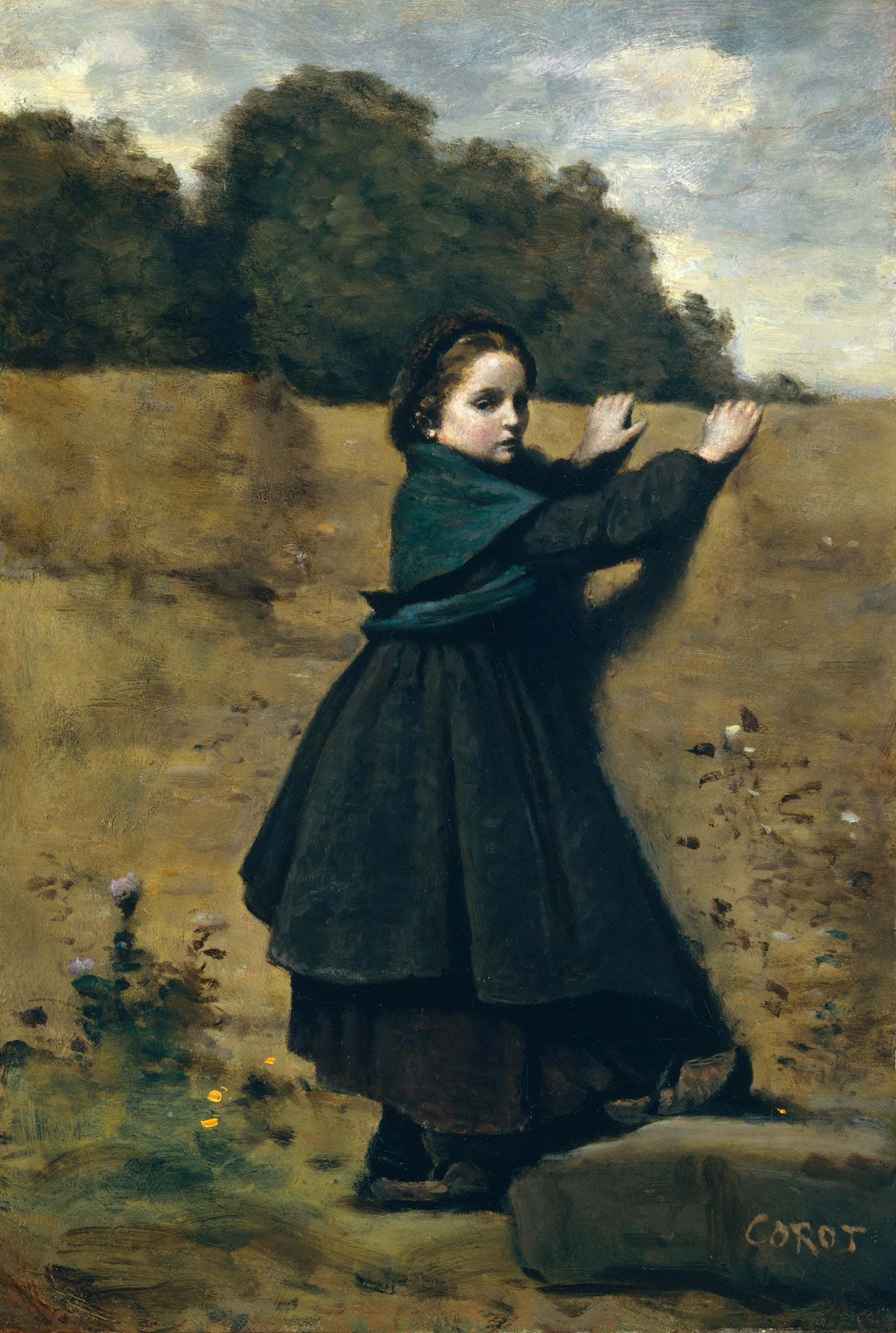 人物与自然融合主题 - 未知名画作 - 女孩于田野间伸展身姿 