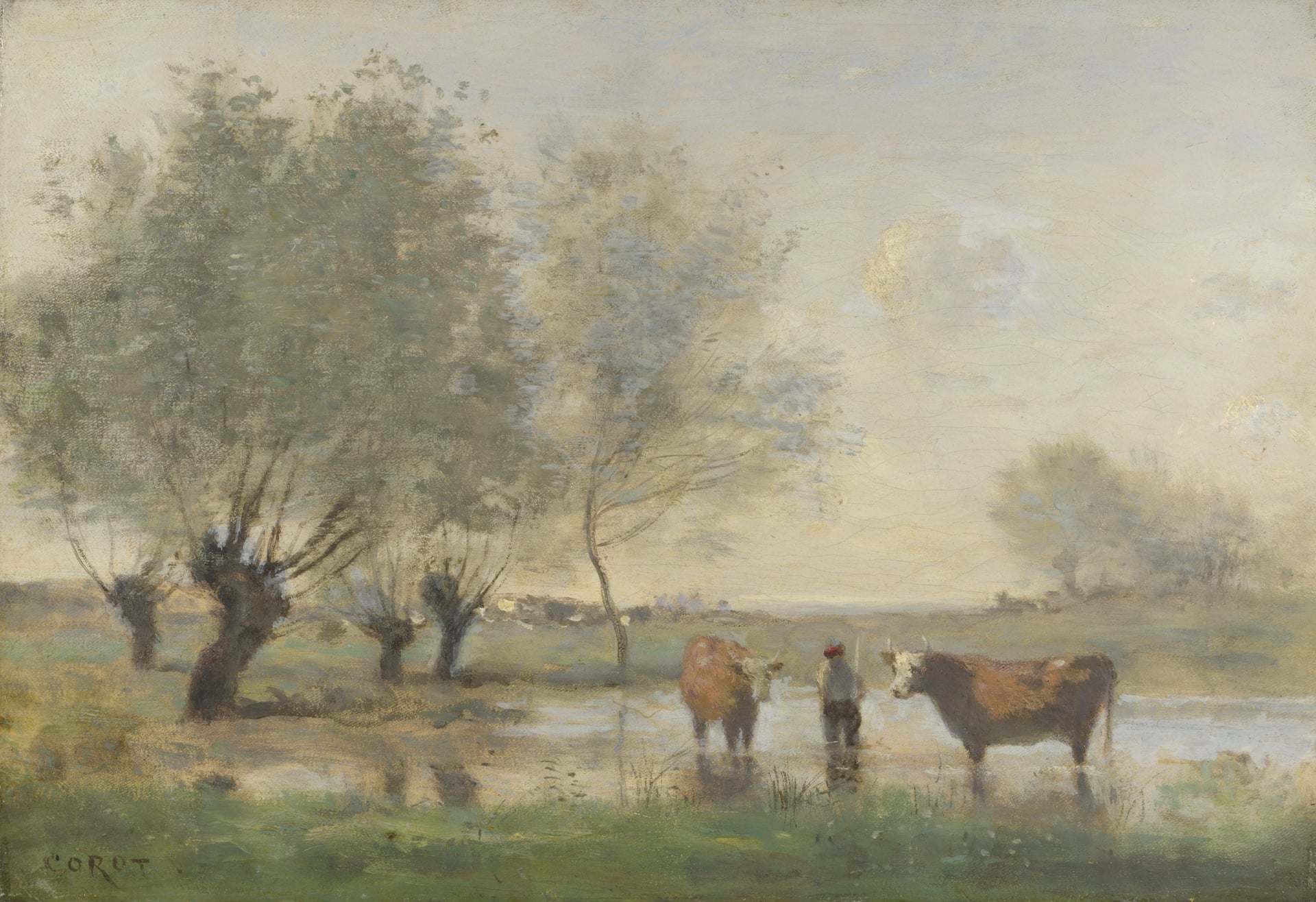乡村宁静氛围主题 - 未知名画作 - 乡村湖畔人与牛的静谧景 