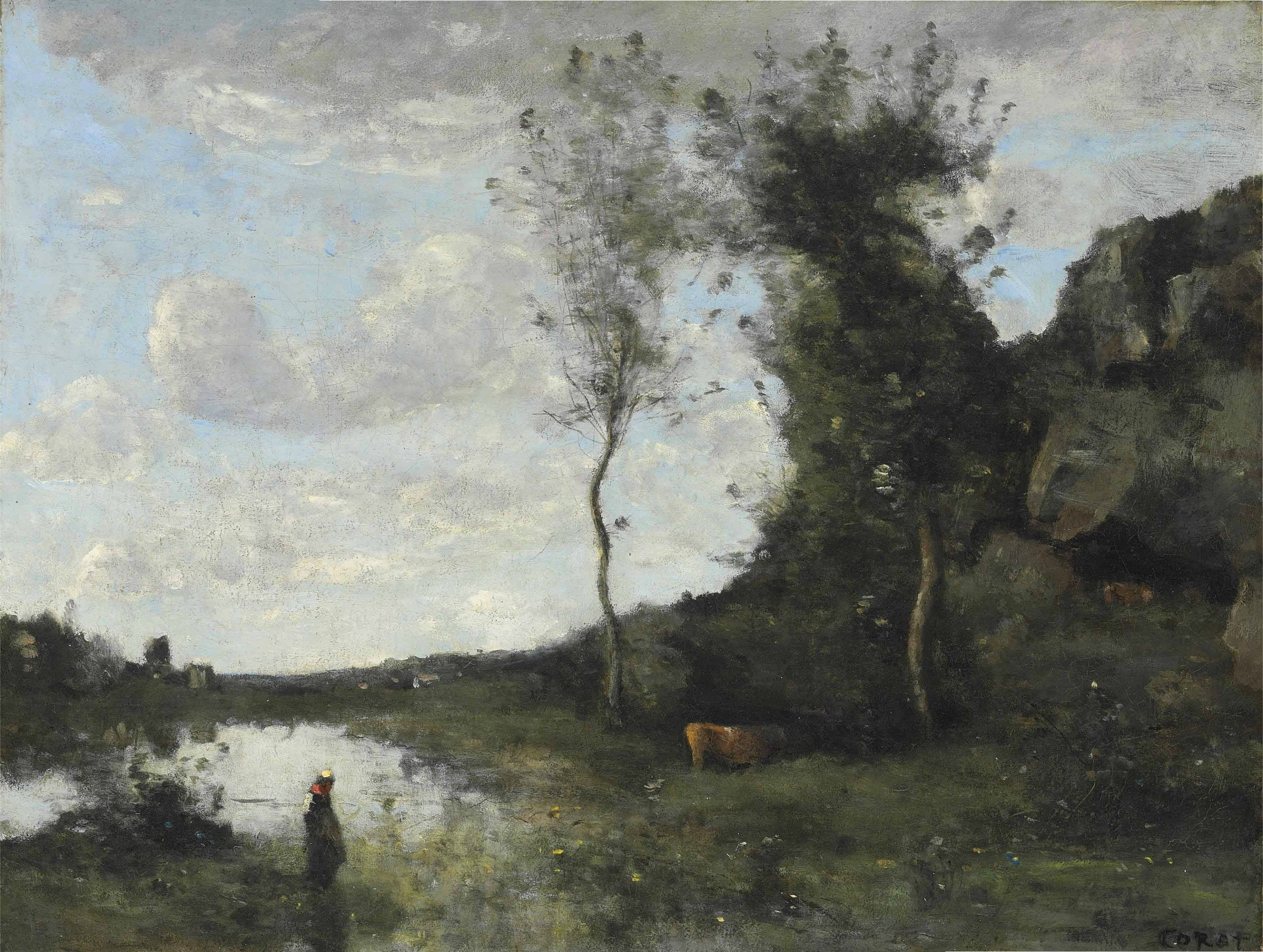 田园诗意风景主题 - 未知名田园画作 - 田园湖畔人物与自然景致 