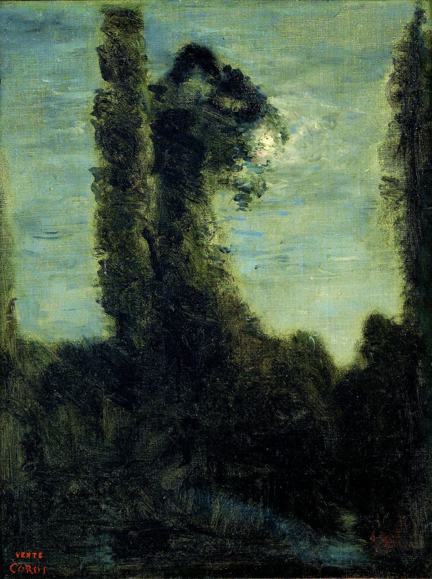朦胧意境营造主题 - 未知名画作 - 月色下朦胧的树影景象 