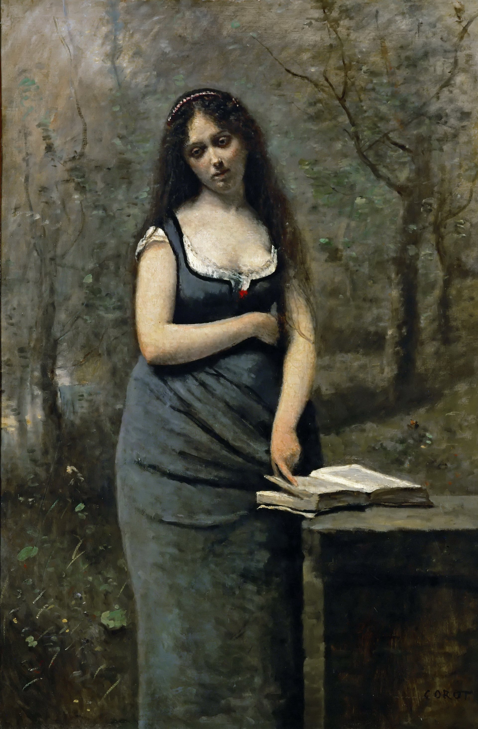 人物与自然融合主题 - 未知名画作 - 女子于林间抚书的景致 
