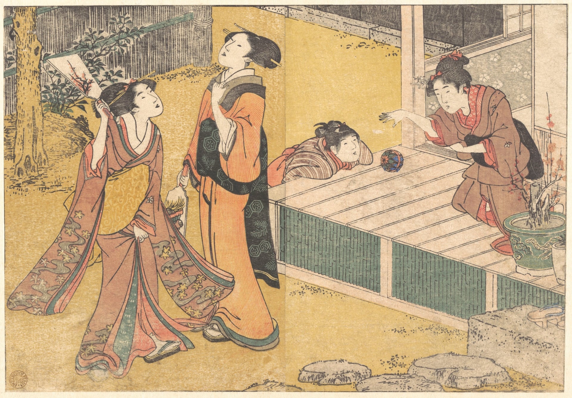 女性生活百态主题 - 女子庭院互动场景 - 几位和服女子庭院嬉戏 