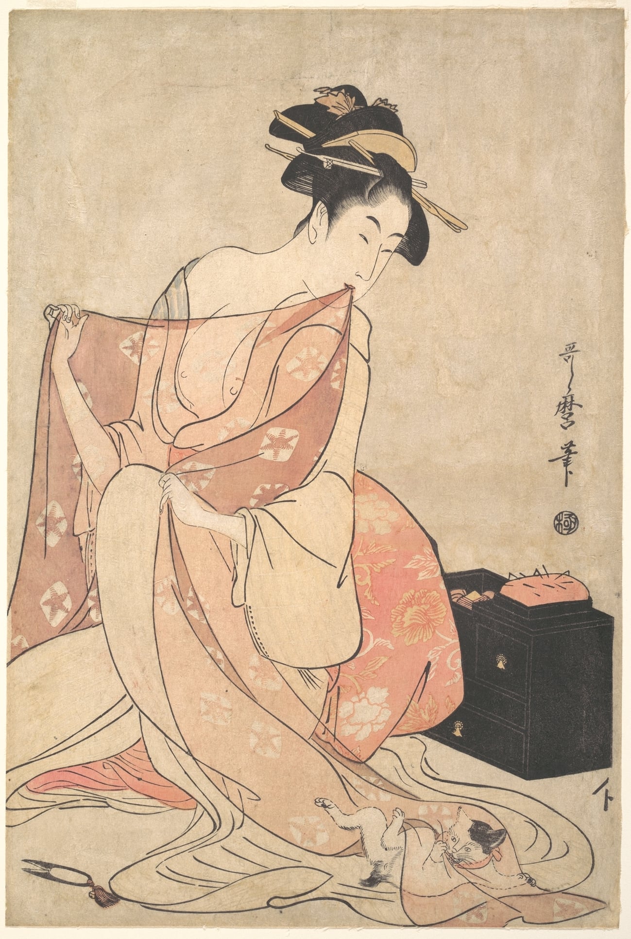 女性生活百态主题 - 佚名美人着衣图 - 女子专注整理和服姿态 