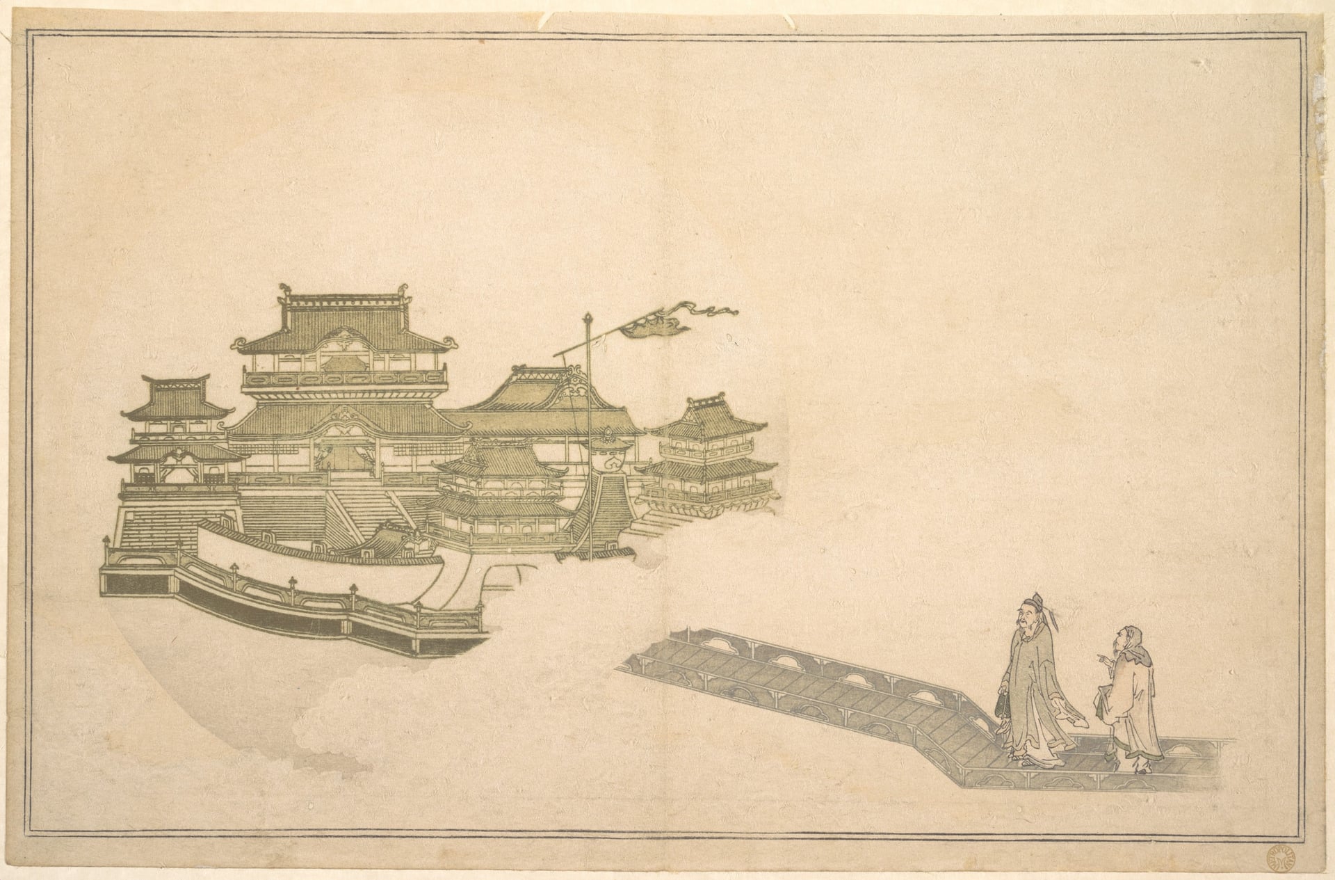 其他 - 未知 - 古式建筑旁人物行于桥 