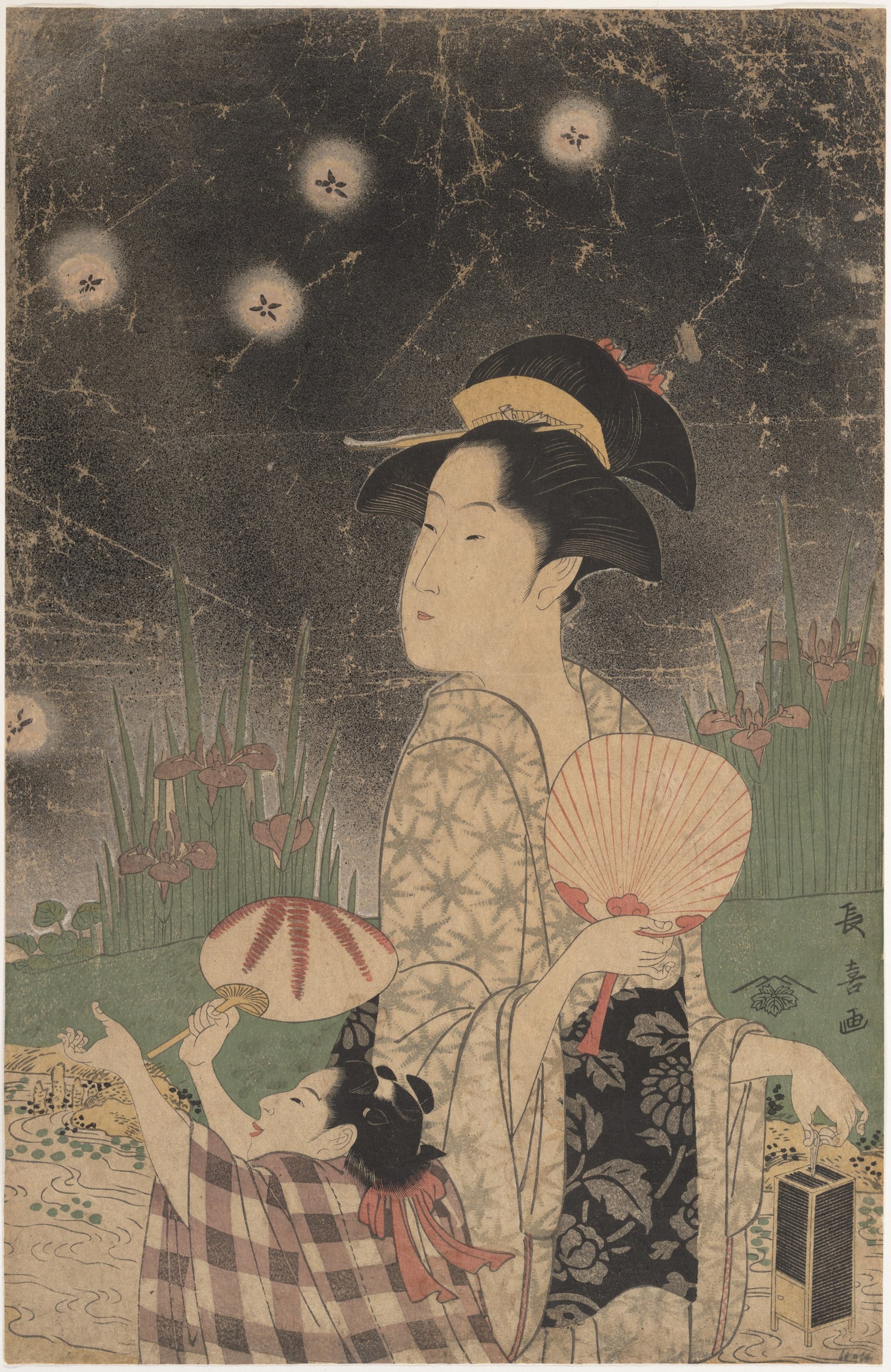 女性生活百态主题 - 长喜画作中的夏夜场景 - 女子孩童夏夜持扇赏景 