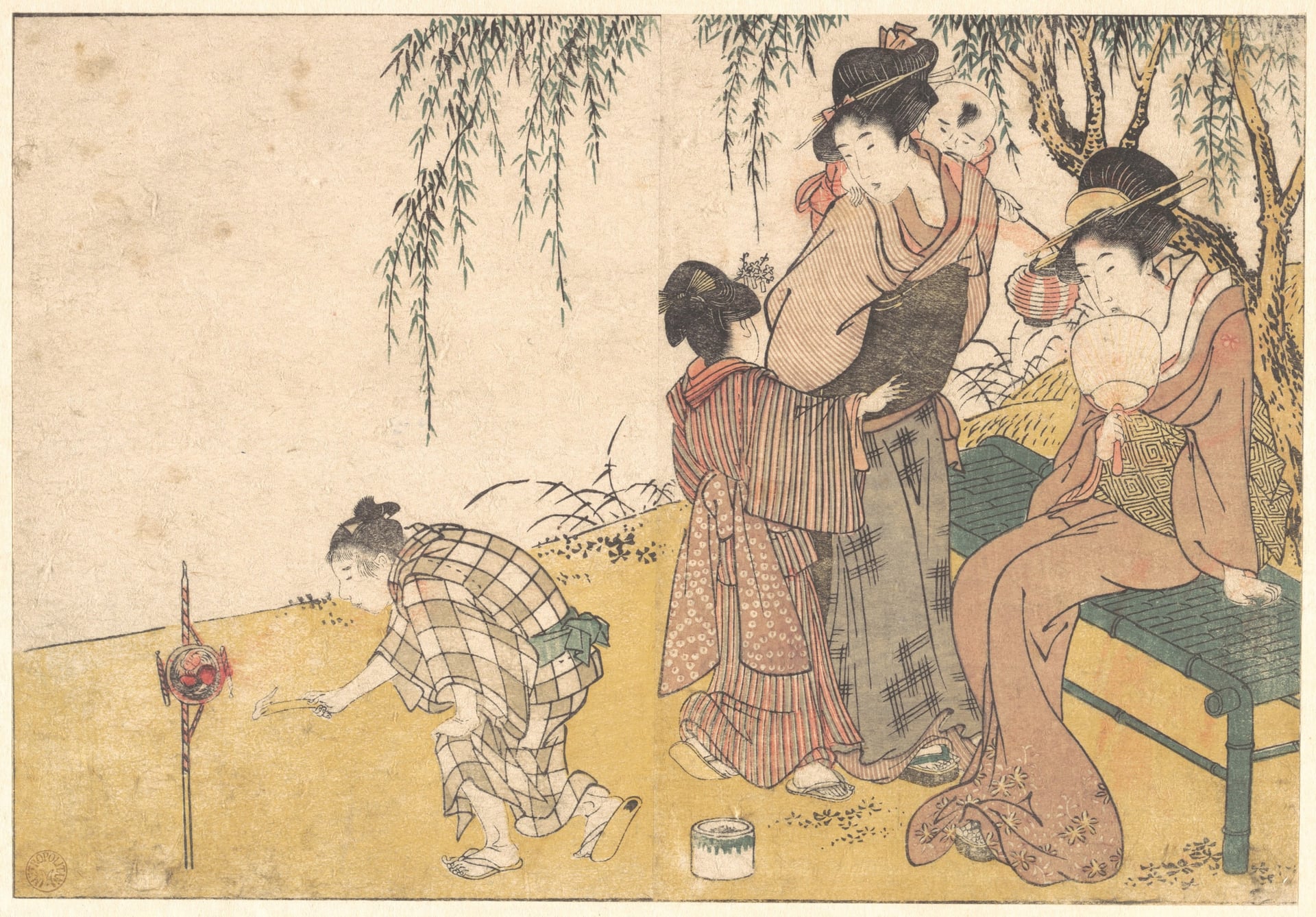 女性生活百态主题 - 柳下女子与孩童嬉戏  - 